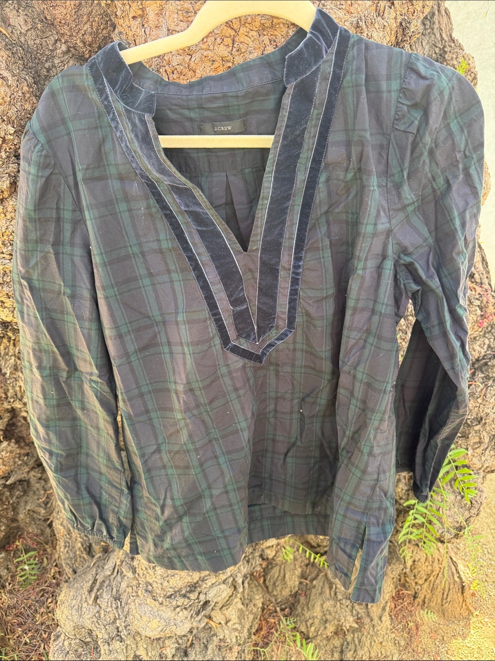 J. Crew Black and Green Plaid V-Neck Blouse